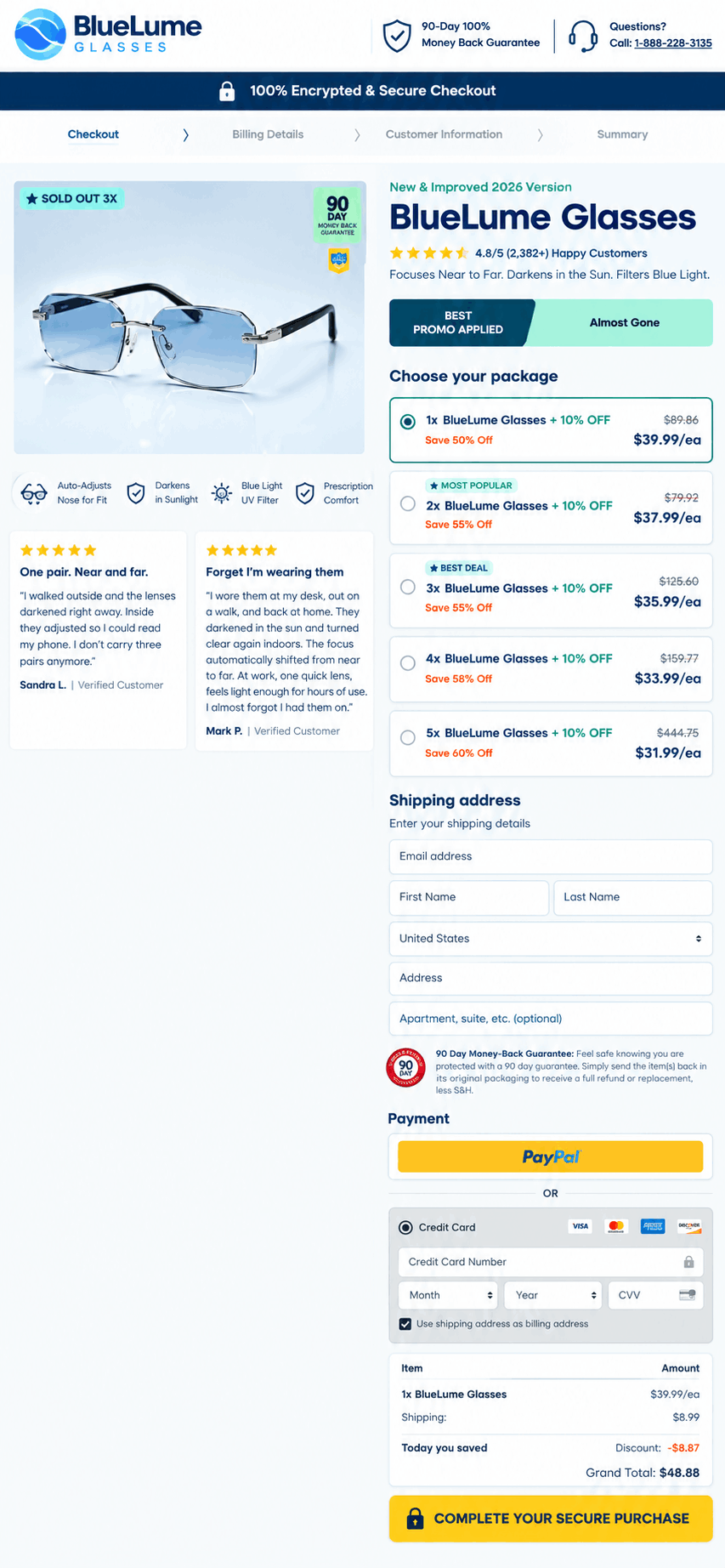BlueLume Glasses Secure Checkout Page